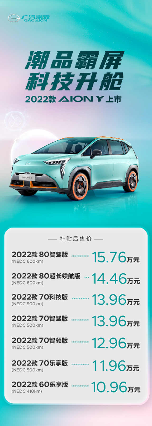 抢先！2022款AION Y共7款车型售价为10.96万元-15.76万元(图3)